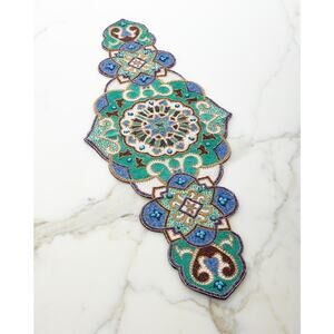 Kim Seybert NYC Fez Blue Turquoise Gold Glass Wood Beaded Table Runner New